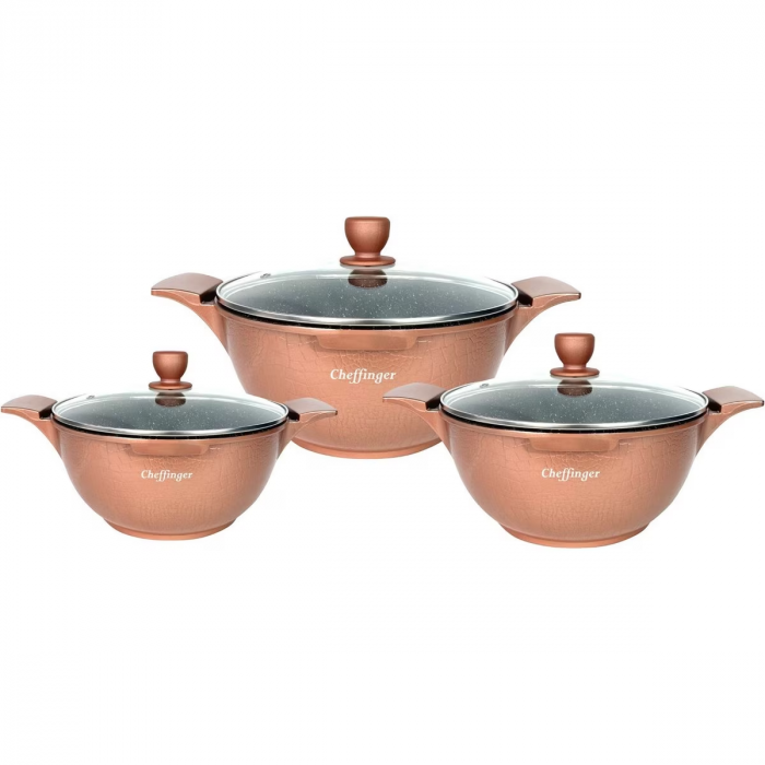 Set 3 cratite cu capac CF-LC01-COP, acoperire din marmura, 20-24-28cm/2L-3.5L-5.7L, anti lipre [1]