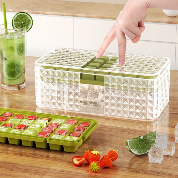 Set 3 forme pentru gheata si o caserola pentru depozitare Flippy, 96 de cuburi, verde [4]