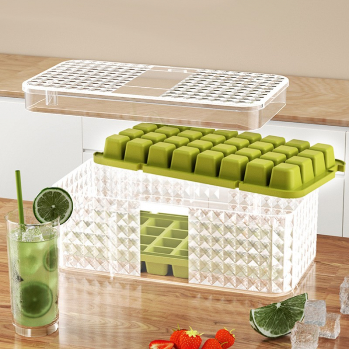 Set 3 forme pentru gheata si o caserola pentru depozitare Flippy, 96 de cuburi, verde [3]