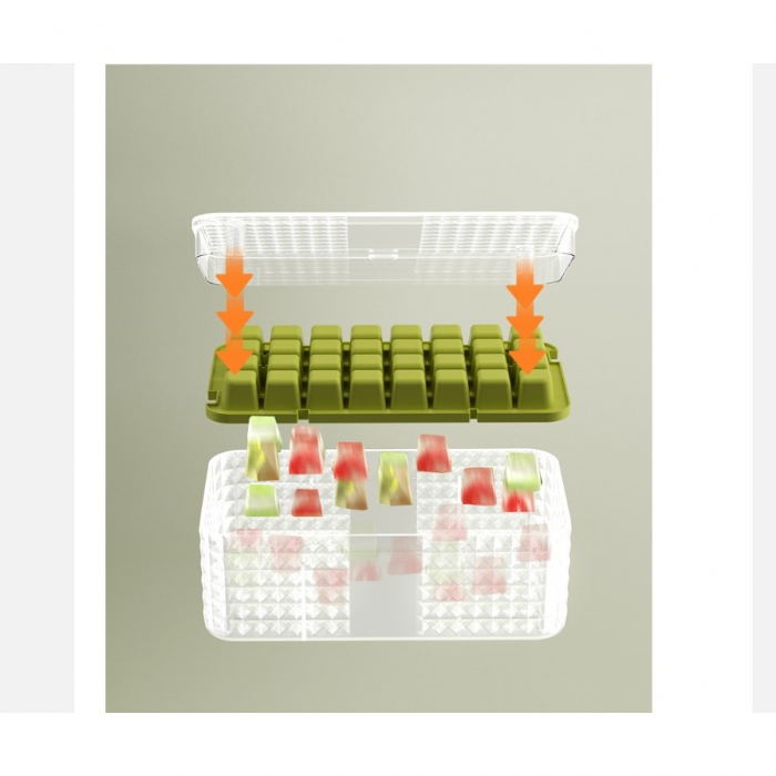 Set 3 forme pentru gheata si o caserola pentru depozitare Flippy, 96 de cuburi, verde [5]