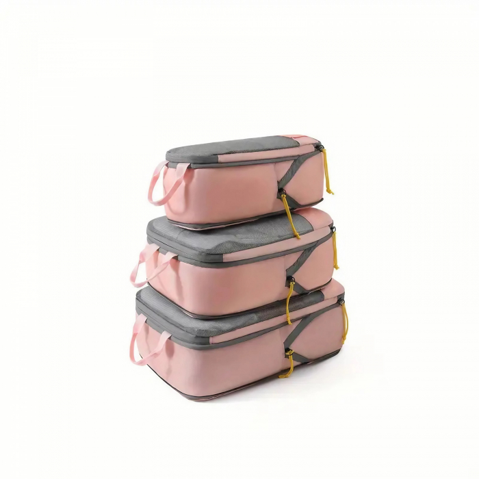 Set 3 Genti de Calatorie Flippy, Pentru Depozitare, Compresibile, 3 Dimensiuni, Mic, Mediu, Mare, Impermeabile, Fermoar Dublu, Roz [1]
