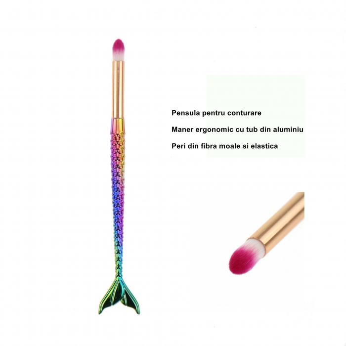 Set 3 Pensule pentru Machiaj Flippy, in Forma de Sirena, Electroplacate, Detalii Fine, Maner Ergonomic, Peri din Fibra Moale, Multicolor [5]