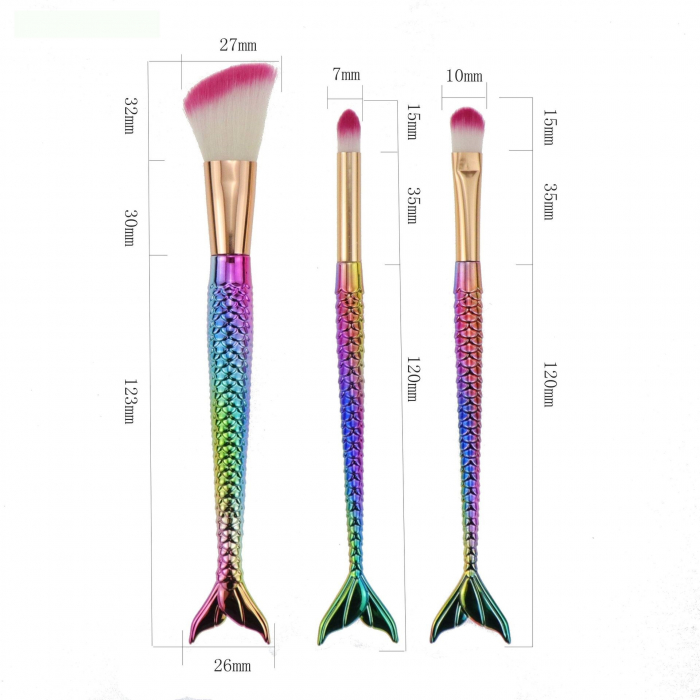 Set 3 Pensule pentru Machiaj Flippy, in Forma de Sirena, Electroplacate, Detalii Fine, Maner Ergonomic, Peri din Fibra Moale, Multicolor [2]