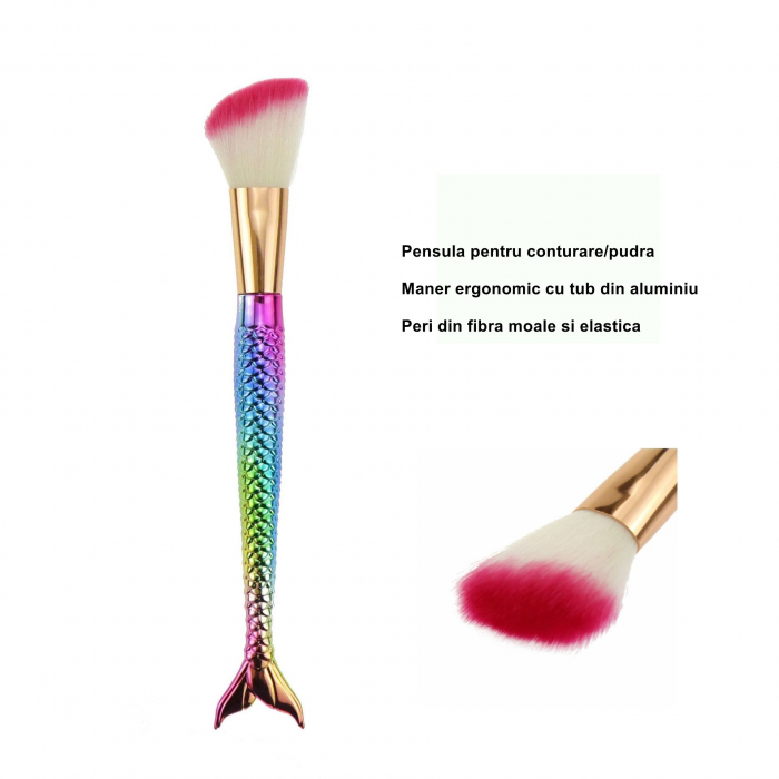 Set 3 Pensule pentru Machiaj Flippy, in Forma de Sirena, Electroplacate, Detalii Fine, Maner Ergonomic, Peri din Fibra Moale, Multicolor [4]