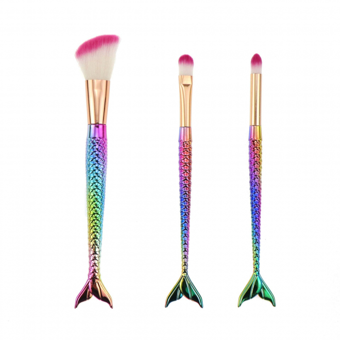 Set 3 Pensule pentru Machiaj Flippy, in Forma de Sirena, Electroplacate, Detalii Fine, Maner Ergonomic, Peri din Fibra Moale, Multicolor [1]