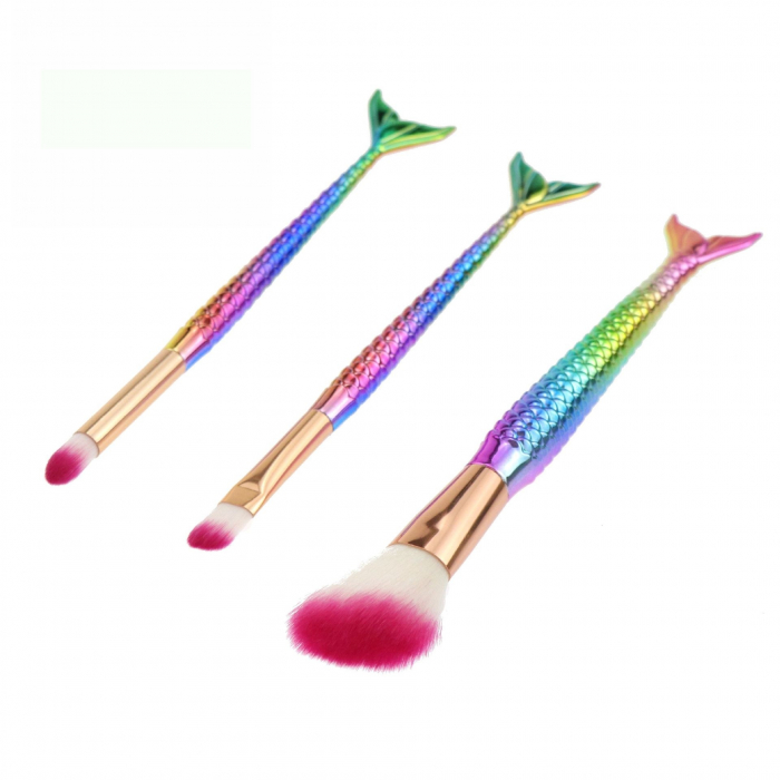 Set 3 Pensule pentru Machiaj Flippy, in Forma de Sirena, Electroplacate, Detalii Fine, Maner Ergonomic, Peri din Fibra Moale, Multicolor [3]