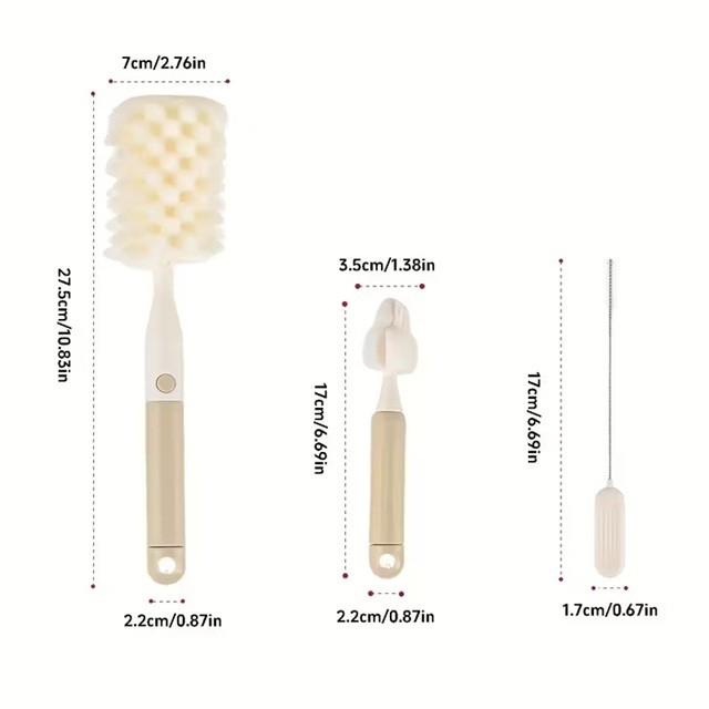 Set 3 Perii de Spalat Biberoane, Flippy, pentru Tetina, Biberon, Pai, Materiale Sigure, fara BPA, Curatare 360°, Bej [3]