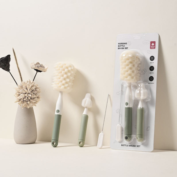 Set 3 Perii de Spalat Biberoane, Flippy, pentru Tetina, Biberon, Pai, Materiale Sigure, fara BPA, Curatare 360°, Verde [2]