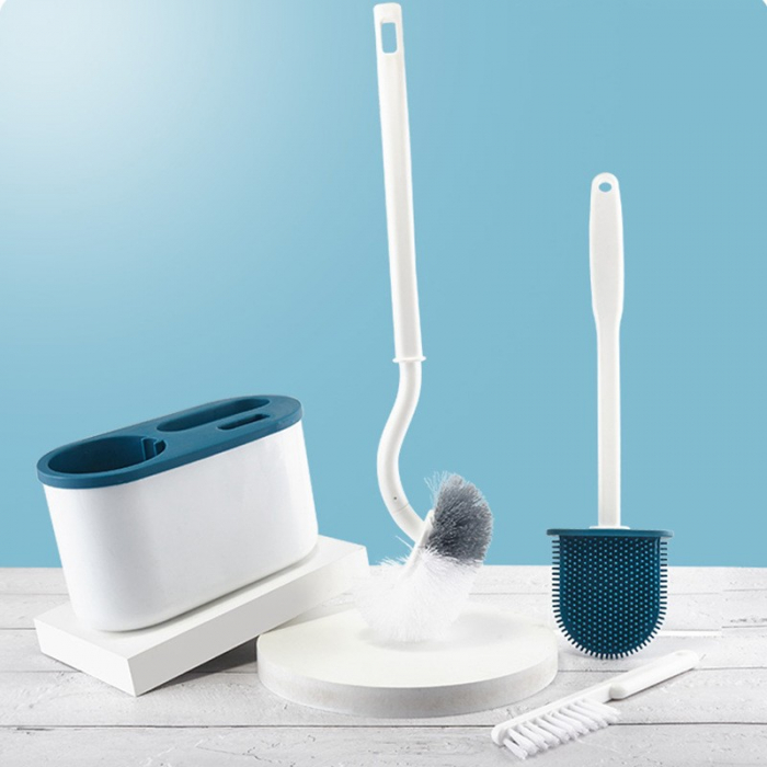 Set 3 Perii pentru Toaleta, Flippy, din Silicon, Perie Zimtata, Cap Flexibil, Suport Adeziv pentru Montarea pe Perete, 39 x 19 x 9.8 cm, Albastru/Alb [9]