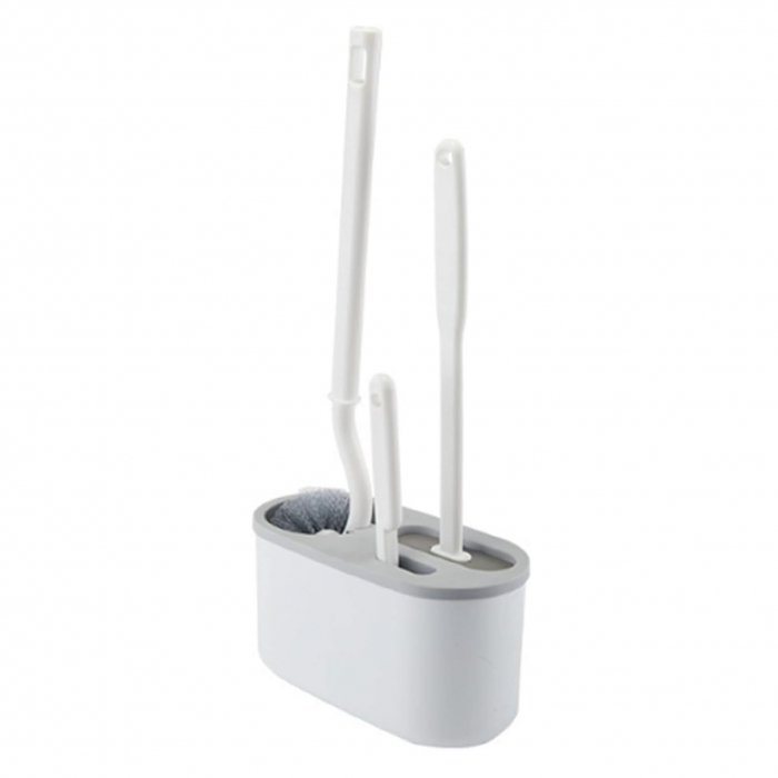 Set 3 Perii pentru Toaleta, Flippy, din Silicon, Perie Zimtata, Cap Flexibil, Suport Adeziv pentru Montarea pe Perete, 39 x 19 x 9.8 cm, Gri/Alb [1]