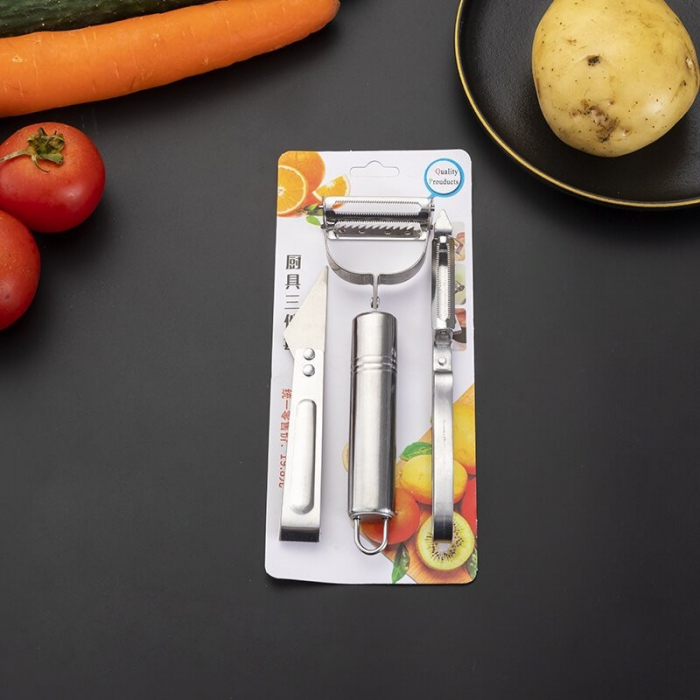 Accesorii de Curatat Decojit Fructe Legume, Flippy, Set 3 Piese, Feliator Cutit Decojitor, Legume si Fructe, din Otel Inoxidabil, cu Maner, Argintiu [1]