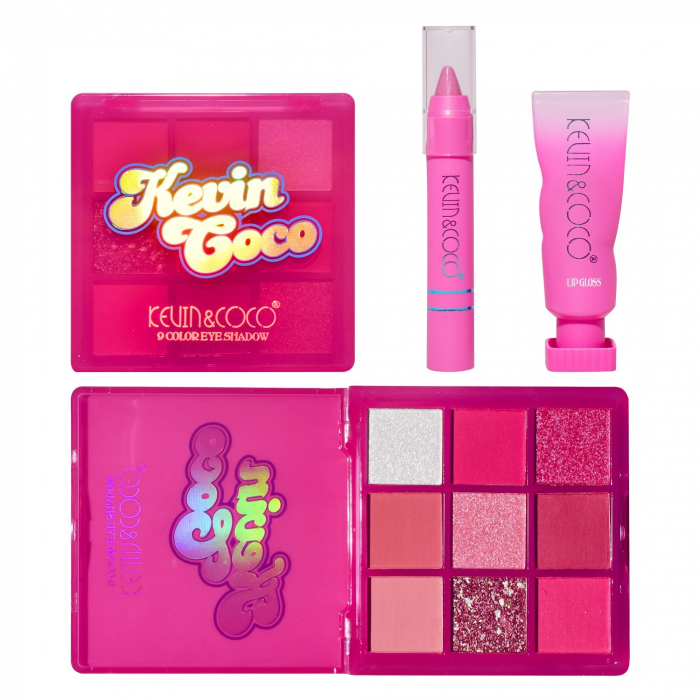 Set 3 Produse de Machiaj, KEVIN &amp;amp; COCO, Pink Hearted, 9 culori, 15.5 x 13 x 3.4 cm [8]