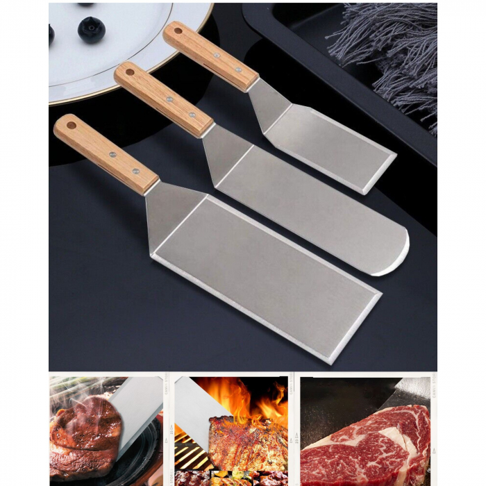 Set 3 spatule pentru gratar Flippy, din metal, margini subtiri, suprafata antiaderenta, rezistente la temperaturi ridicate, maner ergonomic din lemn, 3 forme, agatatoare, gri [2]