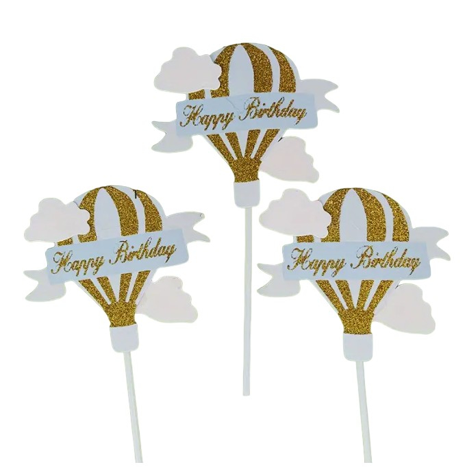 Set 3 Toppere pentru Tort, Flippy, Model Balon cu Aer Cald Happy Birthday, Tematica Aniversare, Albastru [1]