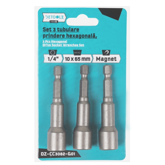 Set 3 tubulare Detoolz, prindere hexagonala 1/4", dimensiuni 10mm * 65mm, magnetice [2]
