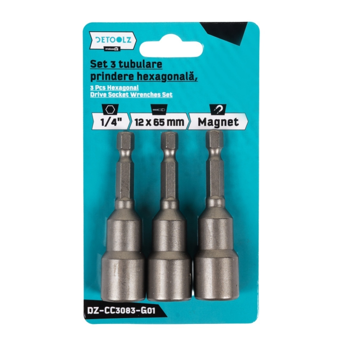 Set 3 tubulare Detoolz, prindere hexagonala 1/4", dimensiuni 12mm * 65mm, magnetice [2]