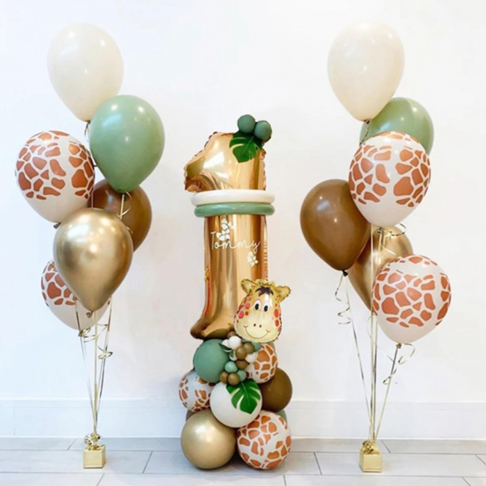Set 30 Baloane Folie si Latex, Flippy, Tematica Prima Aniversare, Baloane Latex 30cm, 25cm, Figurina Girafa 32x34 cm, Frunza Palmier 15 cm, Cifra 1 76 cm, Multicolor [6]