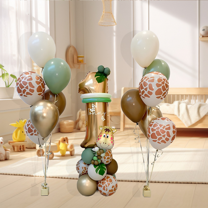 Set 30 Baloane Folie si Latex, Flippy, Tematica Prima Aniversare, Baloane Latex 30cm, 25cm, Figurina Girafa 32x34 cm, Frunza Palmier 15 cm, Cifra 1 76 cm, Multicolor [7]