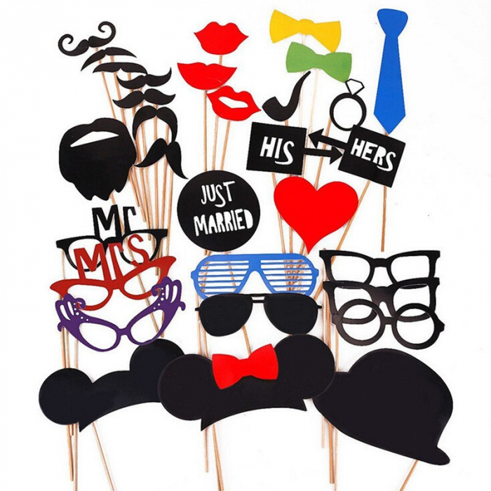 Set 31 de Accesorii pentru Petrecere, Flippy, Props pentru Coltul de Poze, Ochelari, Palarii, Mustata, Cravata, Tematica Nunta, Multicolor [1]