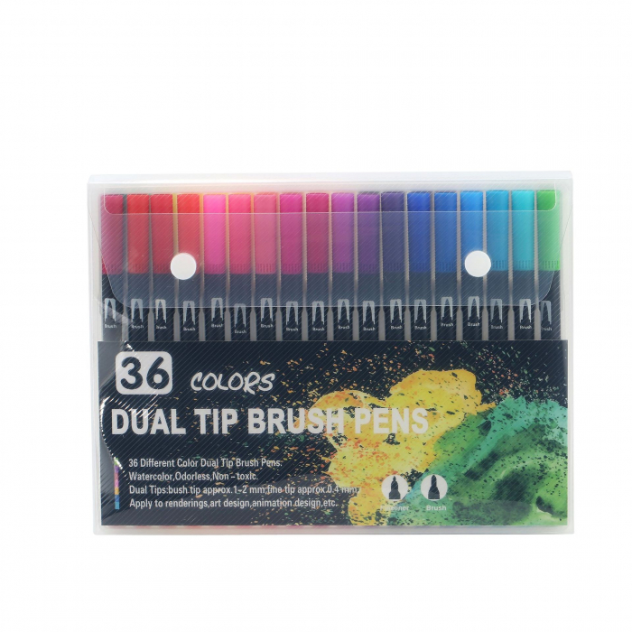 Set 36 Carioci, Flippy, pe Baza de Apa, 2 Tipuri de Varf, 1-2 mm, 0.4 mm, Corp Carioca Negru, din Plastic, Multicolor [1]
