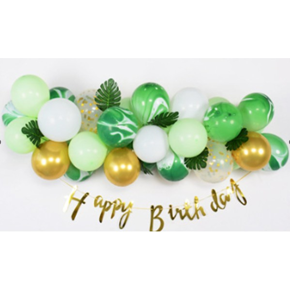 Baloane decorative din Latex si Banner Happy Birthday, Flippy, Model Aniversare, Set 37 de Piese, Verde, Auriu, Alb [1]