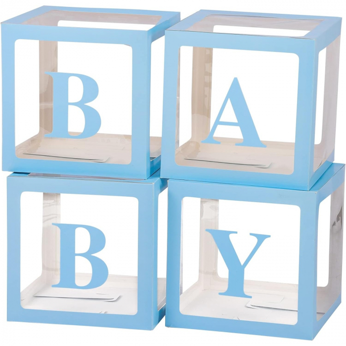 Set 4 Cutii pentru Baloane, Flippy, Model Scris Baby, Tematica Iubire, Cuburi Decorative din Plastic, Accesorii pentru Petrecere, 30 x30 cm, Transparente Contur Albastru [1]