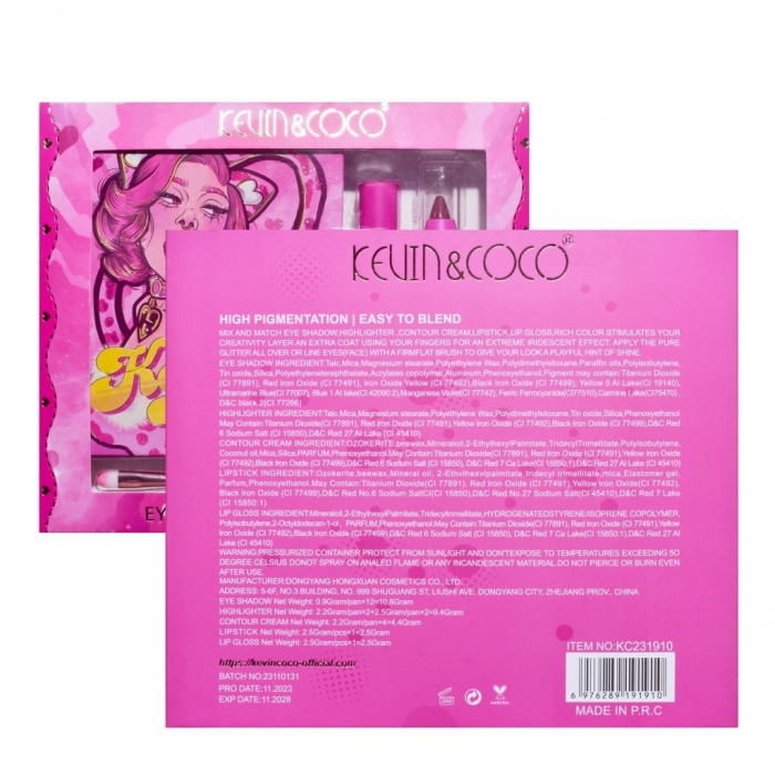 Set 4 Produse de Machiaj, KEVIN &amp;amp; COCO, Pink Loving-heart Leopard Girl, 18 culori, 20.5 x 18.2 x 2.2 cm [7]
