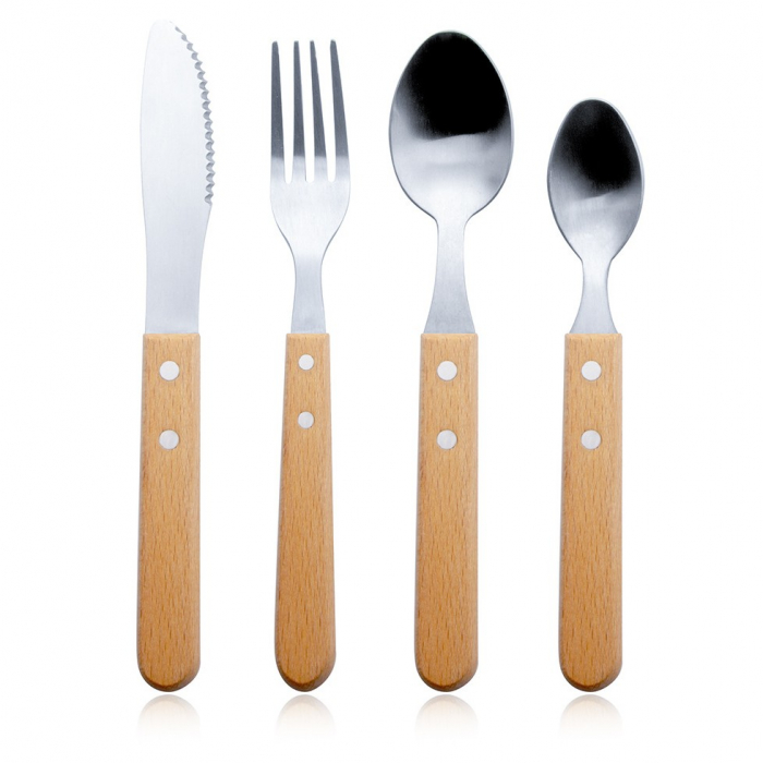 Set 4 tacamuri pentru masa Flippy, otel 304, lingura, lingurita desert, cutit, furculita, maner din lemn de fag, 20 x 4 x 2 cm, gri [5]