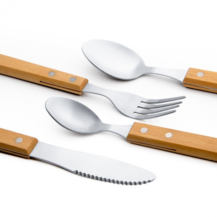Set 4 tacamuri pentru masa Flippy, otel 304, lingura, lingurita desert, cutit, furculita, maner din lemn de fag, 20 x 4 x 2 cm, gri [3]