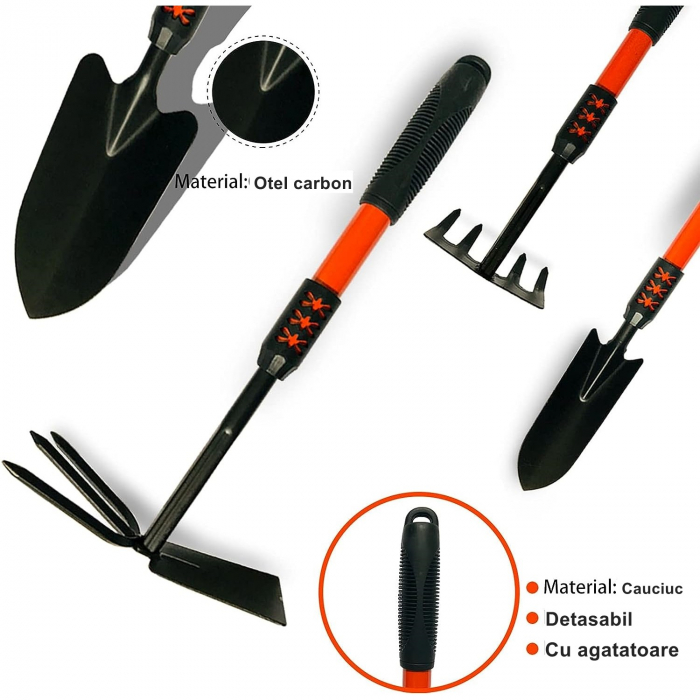 Set 4 Unelte de Gradina Flippy, Maner extensibil, pentru Plantare Prelucrare Sol si Ingrijire Plante, Material otel carbon, negru [2]