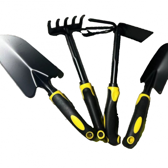 Set 4 Unelte de Gradina Flippy, pentru Plantare, Prelucrare Sol si Ingrijire Plante, Material PVC Carbon, Grebla, Sapaliga cu Cap Dublu, Lopata Mica, Lopata Lata, 43 x 11 cm, Negru/Galben [1]