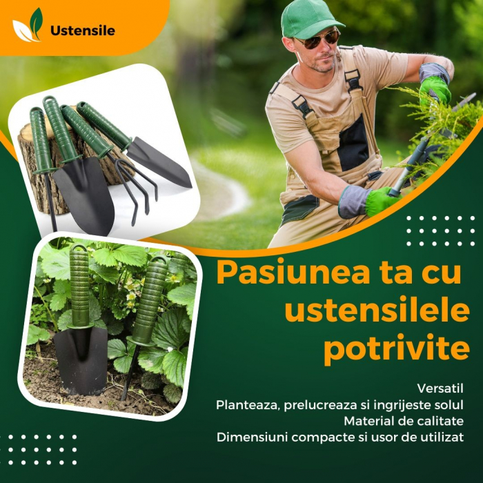 Set 4 Unelte de Gradina Flippy, pentru Plantare Prelucrare Sol si Ingrijire Plante, Material PVC si cardboard, 25 x 8.5 cm, verde [2]