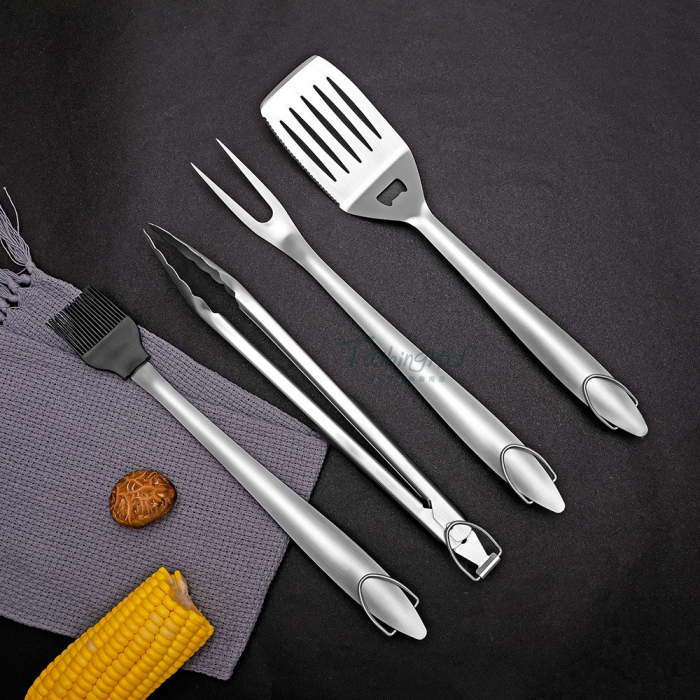Set 4 ustensile pentru gratar Flippy, din otel inoxidabil, cu agatatoare, rezistente la temperaturi ridicate, argintiu [8]