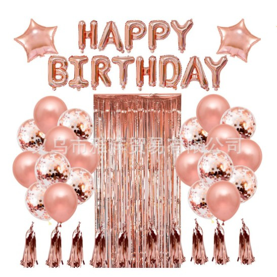 Set 47 baloane, 10 ciucuri, 2 baloane stea folie, 6 baloane latex confetti, 6 baloane galbene latex, 8 baloane negre latex, 1 Perdea Praty Folie, Litere Happy Birthday, Rose [1]