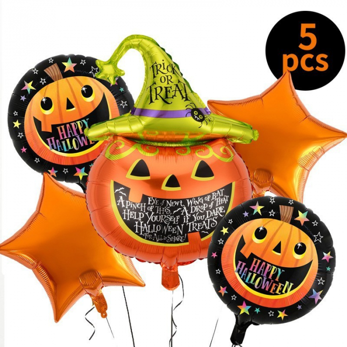 Set 5 Baloane din Folie Metalizata, Flippy, Figurine, Tema Halloween, Pai Inclus, Ambalaj Individual, Umflare cu Aer sau Heliu, Figurina Dovleac 54x87 cm, Stelute si Cerculete 45 cm, Multicolor [6]
