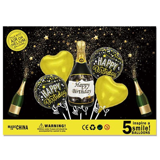 Set 5 baloane folie, Happy Birthday, negru/auriu [1]