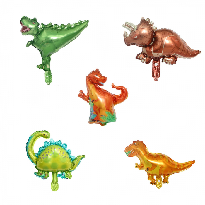Set 5 Baloane Folie Metalizata, Flippy, Figurine Dinozauri, 30 cm, Ambalaj Individual, Pai inclus, Umflare cu Aer sau Heliu, Multicolor [1]