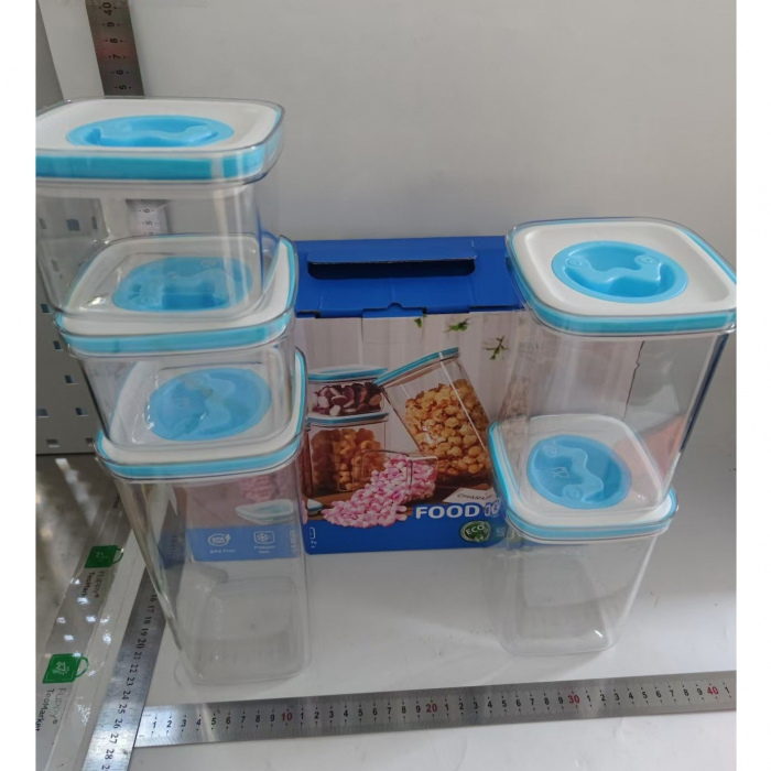 Set 5 Cutii de Depozitare pentru Bucatarie, Flippy, 2 x 600ml, 2 x 1.3L, 1 x 2L, din ABS+PET+Silicon, Capac Alb/Albastru, 23 x 10 x 10 cm, Transparent [6]