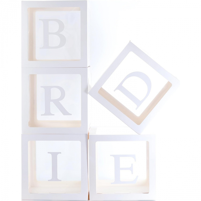 Set 5 Cutii pentru Baloane, Flippy, Model Scris Bride, Tematica Nunta, Cuburi Decorative din Plastic, Accesorii pentru Petrecere, 30 x30 cm, Transparente Contur Alb [1]