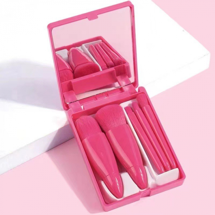 Set 5 Mini Pensule de Machiaj, Flippy, Portabile, in Carcasa cu Oglinda, din Par Sintetic Moale, Fucsia, 12x7x2.5 cm [2]