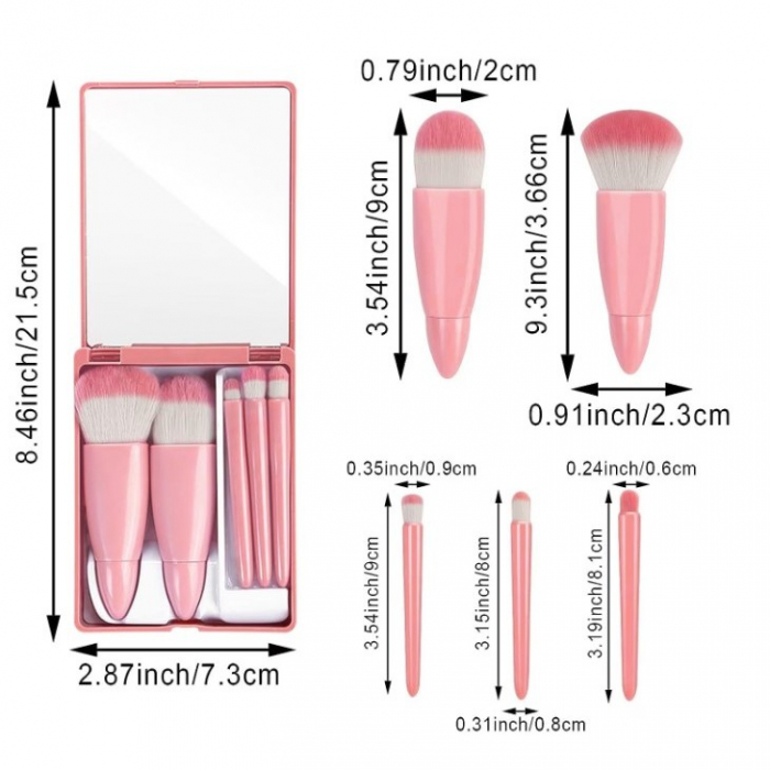 Set 5 Mini Pensule de Machiaj, Flippy, Portabile, in Carcasa cu Oglinda, din Par Sintetic Moale, Roz, 12x7x2.5 cm [3]