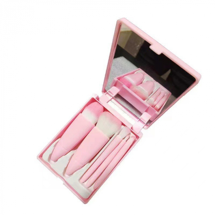 Set 5 Mini Pensule de Machiaj, Flippy, Portabile, in Carcasa cu Oglinda, din Par Sintetic Moale, Roz, 12x7x2.5 cm [1]