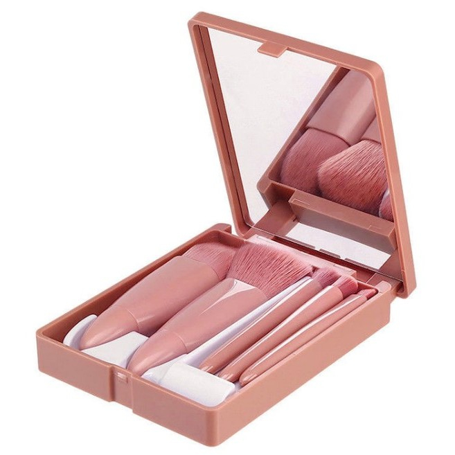 Set 5 Mini Pensule de Machiaj, Flippy, Portabile, in Carcasa cu Oglinda, din Par Sintetic Moale, Roz Pastel, 12x7x2.5 cm [1]