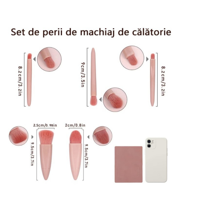 Set 5 Mini Pensule de Machiaj, Flippy, Portabile, in Carcasa cu Oglinda, din Par Sintetic Moale, Roz Pastel, 12x7x2.5 cm [5]