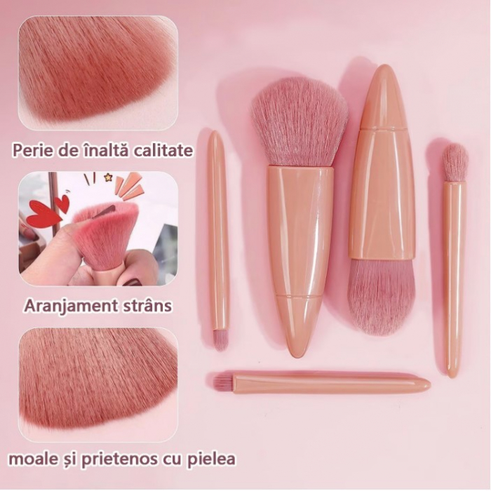 Set 5 Mini Pensule de Machiaj, Flippy, Portabile, in Carcasa cu Oglinda, din Par Sintetic Moale, Roz Pastel, 12x7x2.5 cm [6]