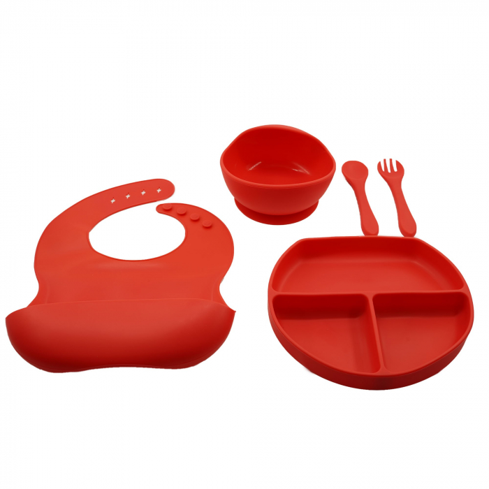 Set 5 piese diversificare bebelusi si copii din silicon Flippy, baveta, farfurie compartimentata cu ventuza, bol cu ventuza, tacamuri, fara alergeni, rosu [1]