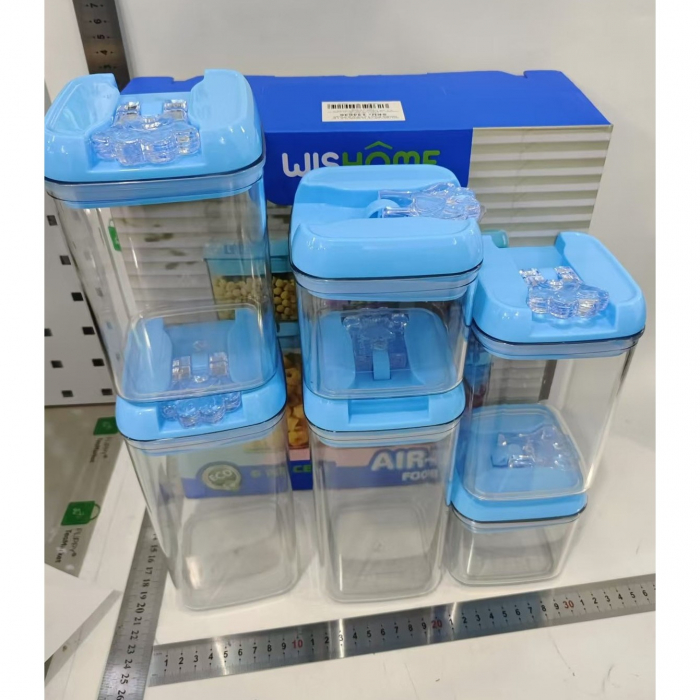 Set 6 Cutii de Depozitare Alimente, Flippy, 2 x 500ml, 2 x 800ml, 2 x 1200ml, Capac Albastru, din PP+PET, Inchidere Ermetica, Transparent [10]