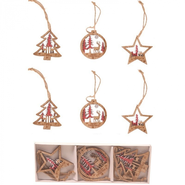 Set 6 Decoratiuni de Craciun din Lemn, Flippy, cu Snur pentru Agatare in Brad, Model Brad, Glob si Steluta, Rosu [1]