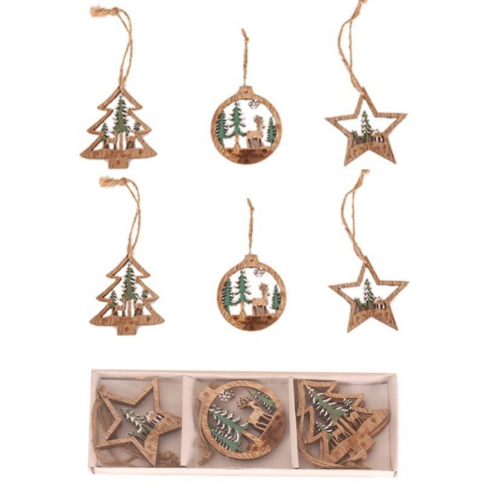Set 6 Decoratiuni de Craciun din Lemn, Flippy, cu Snur pentru Agatare in Brad, Model Brad, Glob si Steluta, Verde [1]