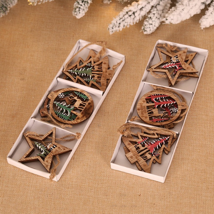 Set 6 Decoratiuni de Craciun din Lemn, Flippy, cu Snur pentru Agatare in Brad, Model Brad, Glob si Steluta, Verde [6]